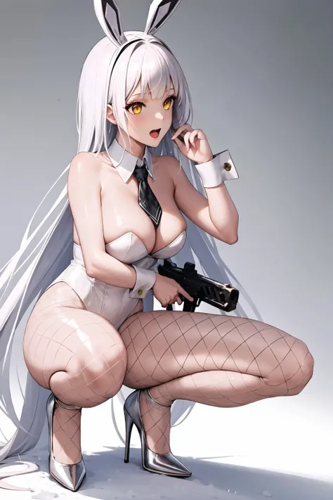 1girl, gun, animal ears, rabbit ears, playboy bunny, holding weapon, holding, long hair, solo, holding gun, high heels, pantyhose, white hair, very long hair, wrist cuffs, leotard, fake animal ears, rifle, short necktie, white leotard, detached collar, fis...