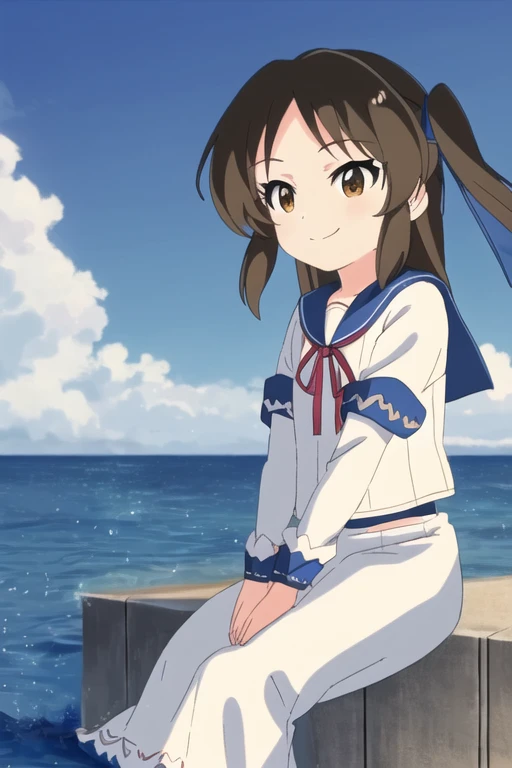 Tachibana Arisu, 1girl, solo, brown hair, twintails, brown eyes, sky, dress, sitting, outdoors, detached sleeves, smile, ocean, day, cloud, water, ribbon, white dress, blue sky, wrist cuffs, sailor collar, wind, bridal garter, long hair, blue sailor collar...