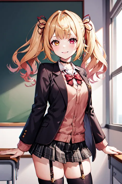 masterpiece, best quality, highres, hs1, red eyes, yellow eyes, twintails, hair ribbon, long sleeves, red bow, pink cardigan, black thighhighs, plaid skirt, black choker, garter straps, school uniform, black jacket, open jacket, <lora:hoshikawa_sara_v10:0....