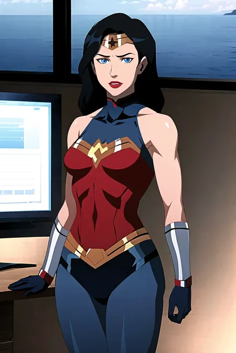 wonder woman, 1girl, female focus, solo, black hair, blue eyes, superhero,  gloves, makeup, lipstick, bodysuit, breasts, medium breasts, muscular, leotard, monitor,   ((masterpiece)) <lora:dcau_fantasy_offset:1>