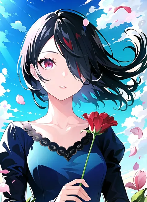 lam (ramdayo), 1girl, blue shirt, blue sky, cloud, collarbone, flower, hair over one eye, holding, holding flower, juliet sleeves, long sleeves, looking at viewer, parted lips, petals, puffy sleeves, red eyes, red flower, shirt, sky, solo, swept bangs, upp...