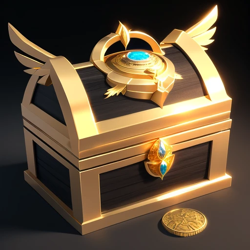 a close up of a gold chest with a coin on a table