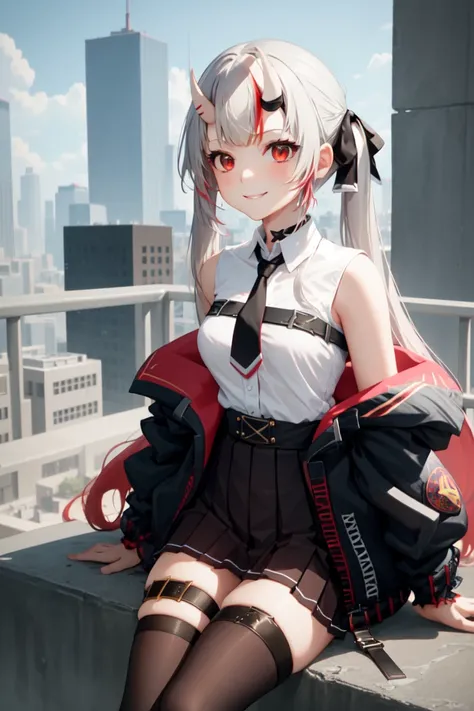 masterpiece, best quality, absurdres, perfect anatomy, 1girl, solo, Nakiri Ayame, long hair, twintails, AyameCasual, white shirt, sleeveless shirt, black necktie, black skirt, pleated skirt, hair ribbon, x hair ornament, black thighhighs, thigh strap, blac...