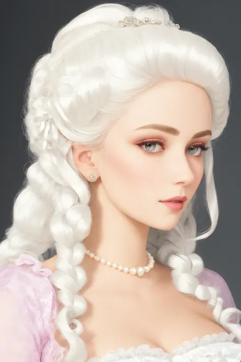 4K, Masterpiece, highres, absurdres,
1girl, solo, looking at viewer, simple background, gloves, dress, ribbon, jewelry, hair ribbon, braid, white hair, parted lips, necklace, grey eyes, makeup, pink background, portrait, lace, eyeshadow, realistic, pearl...