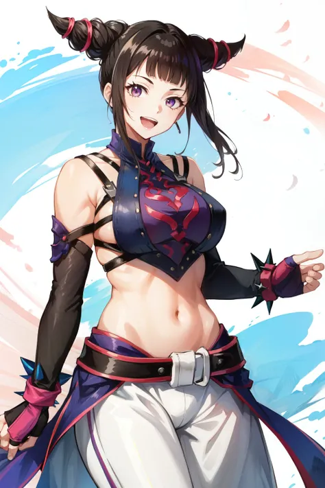 han juri(SF), spikes, 1girl ,solo , mature female, short hair , blac hair , purple eyes, hair horn , spiked bracelet, spiked bracelet, detached sleeves, fingerless gloves, dudou , midriff, navel , looking at viewer, smile , happy , open mouth, large breast...