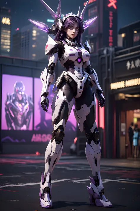 mecha girl (purple eyes:1.5)),masterpiece,(best quality:1.3),ultra high res,raw photo,detailed skin,beautiful lighting,(realistic,photo-realistic:1.4),1girl,Mecha,(Neon Light:1.2),Combat Background,(Night:1.5),Cyberpunk,(Clear background:1.3),(((full body)...