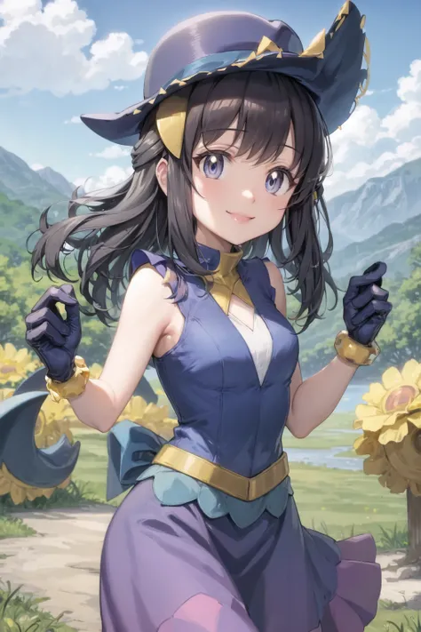 masterpiece, best quality, <lora:DawnLora:0.7>, dawn (pokemon), hat, blue headwear, hat bow, blue gloves, blue shirt, purple skirt, sleeveless, smile