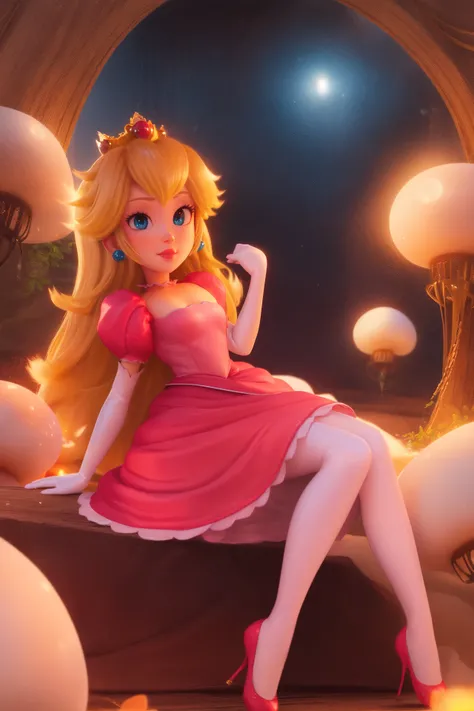 highres, masterpiece, perfect ligthing, bloom, cinematic lighting, adult, perfect skin, female, looking at viewer, full body shot, smile, narrow waist, skinny, <lora:PrincessPeachMovie:0.6>, (PrincessPeach), (Princess Peach), (Pink Dress), detailled eyes,...