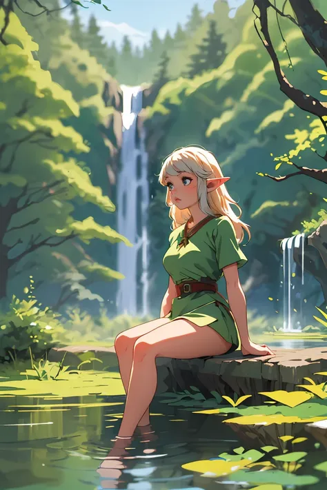 (best quality, masterpiece), 1girl, sitting, elf, pond, in water, deep forest, waterfall, looking away, blurry background,