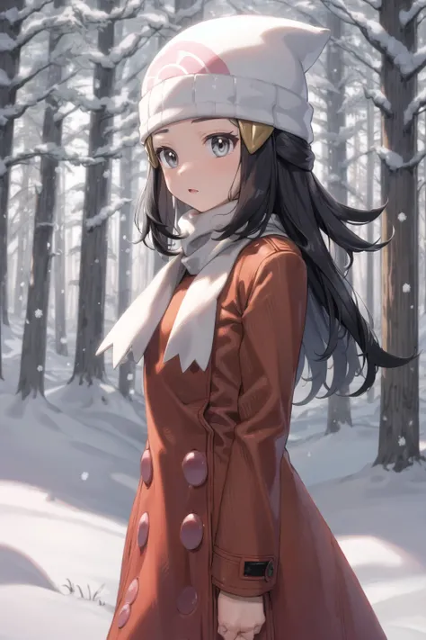 masterpiece, best quality, <lora:DawnLora:0.7>, dawn (pokemon), forest, pine tree, snow, red coat, white headwear, white scarf, beanie