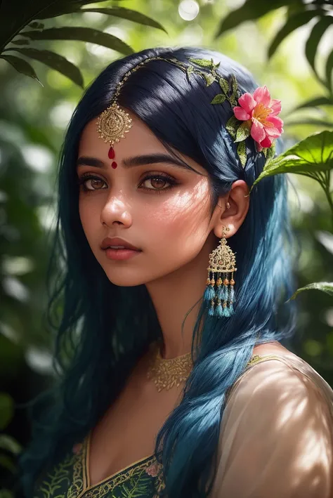 fashion photography portrait of indian girl with blue hair, in lush jungle with flowers, 3d render, cgi, symetrical, octane render, 35mm, bokeh, 9:16, (intricate details:1.12), hdr, (intricate details, hyperdetailed:1.15), (natural skin texture, hyperreali...