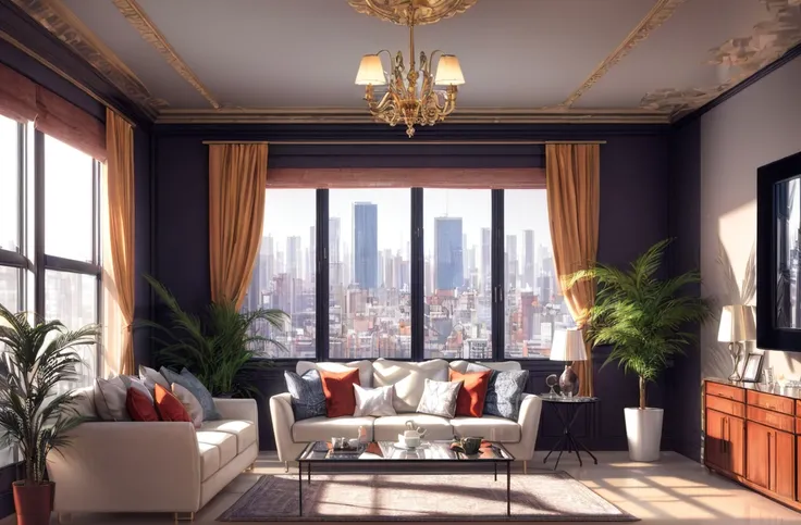 photorealism, interior design, luxury suite, masterpiece, best quality, raytracing, reflective, highres, big window, modern design, home, HDR, (home design), (modern), glass, (plants), ((volumetric light)), realistic light, cityscape, (depth of field), sof...