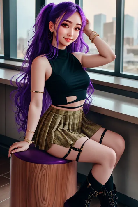 4K, Masterpiece, highres, absurdres,natural volumetric lighting and best shadows,soft detailed facial features,smiling,
1girl, solo, long hair, breasts, looking at viewer, skirt, jewelry, sitting, purple hair, multicolored hair, earrings, boots, parted lip...