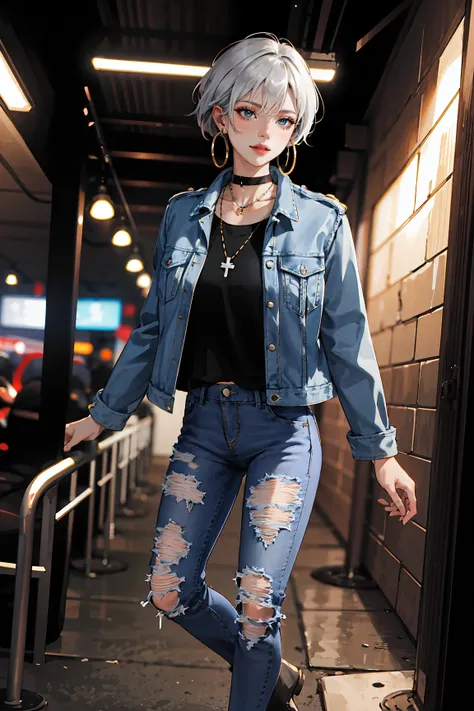 (masterpiece:1.2, best quality), (real picture, intricate details), solo, 1lady Hair: buzz cut, Clothing: oversized, distressed denim jacket with patches and pins, paired with black skinny jeans and combat boots, Accessories: silver hoop earrings and a bla...