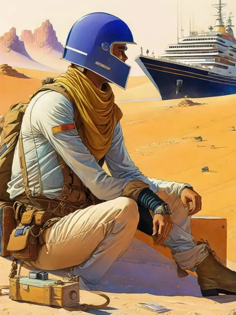 <lora:MoebiusJeanGiraud:1>a painting of a man in a helmet sitting in the desert with a ship in the background by Moebius Jean Giraud
