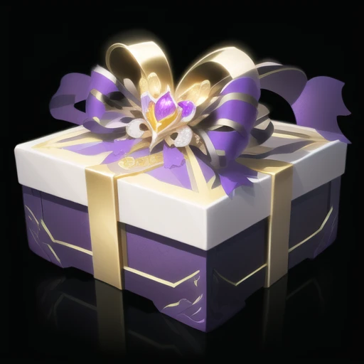 purple and white gift box with a gold bow and ribbon