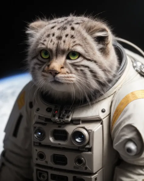 tusuncat, tusun, (wearing astronaut suit:1.2), cyberpunk,  sci-fic, (realistic eye color and details), fluffy, big head, science fiction, communist ideology, Cyborg, fantasy, intense angle, soft lighting, (photograph, 4k, hyper detailed, portrait wallpaper...