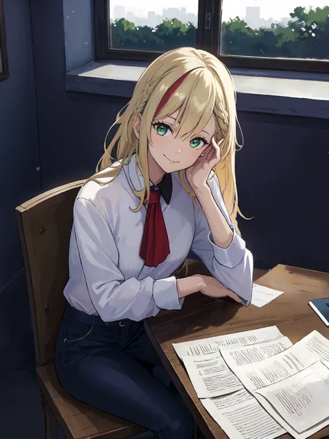 masterpiece,best quality,highres,1girl,<lora:ShadowverseNahtNaughtV1:0.75>,office,desk,papers,window,sitting across table,looking at viewer,turning head,close-up,blonde hair,green eyes,multicolored hair,black pants,supporting,elbows on desk,hand on cheek,s...