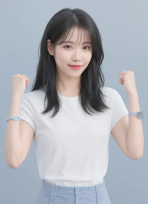 best quality,IU, Lee Ji Eun, 1girl, solo, long hair, looking at viewer, smile, shirt, black hair, jewelry, closed mouth, white shirt, short sleeves, pants, black eyes, bracelet, denim, watch, jeans, realistic, blue pants, wristwatch
