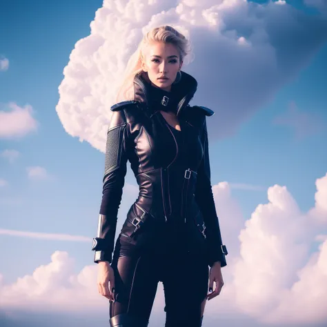 (bountyhunter:1) a woman dressed in futuristic clothing standing in front of a cloud filled sky