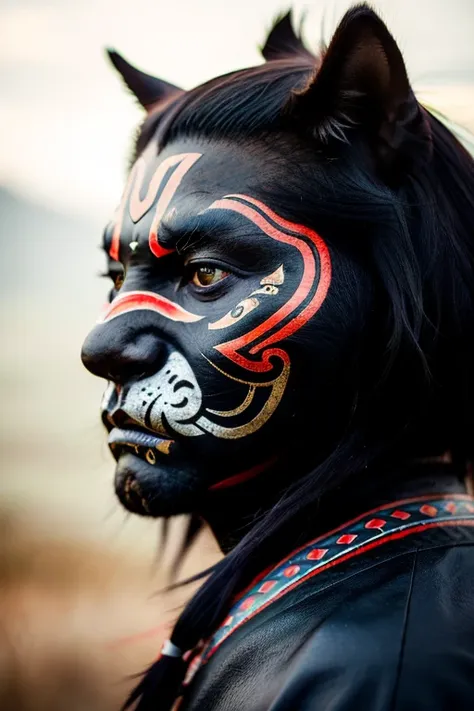 portrait photo of a asia old warrior chief, tribal panther make up, blue on red, side profile, looking away, serious eyes, 50mm ...