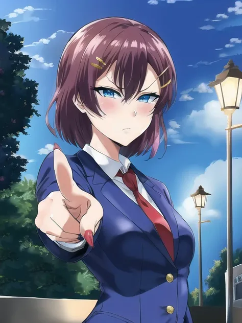 best quality, masterpiece, extremely detailed wallpaper,  <lora:yomomirin:1>,  <lora:akane-000006:1>, business suit, red hair,  blue eyes, akane nanao, black necktie, small breasts, short hair, hairclip, gold watch, outdoors, night, pointing at viewer, loo...