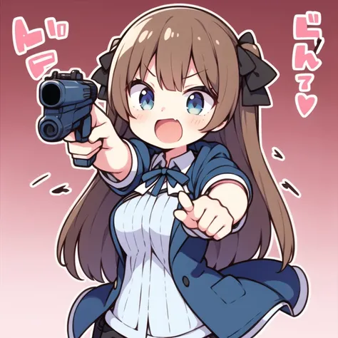 1girl, pointing gun,