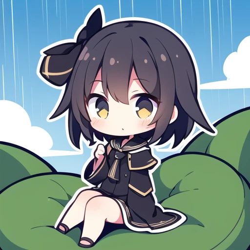 1girl, solo,summer, dark clouds, sitting on cloud, rain,chibi,