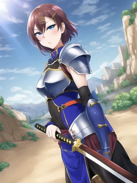 best quality, masterpiece, extremely detailed wallpaper,  <lora:yomomirin:1>,  <lora:akane-000006:1>, armor, red hair, blue eyes, akane nanao, platemail, small breasts, short hair, hairclip, gauntlets, outdoors, stronghold, looking at viewer, torch, longsw...