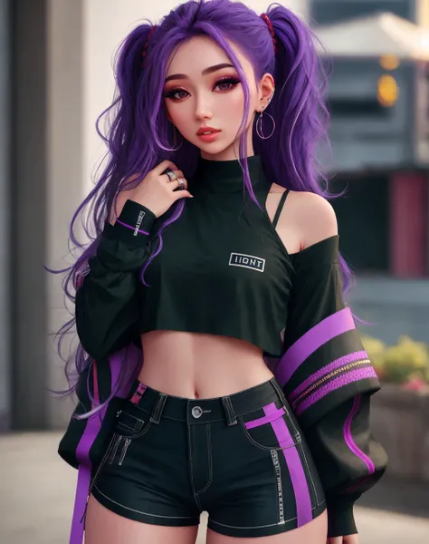 4K, Masterpiece, highres, absurdres, 1girl, solo, long hair, skirt, shirt, long sleeves, jewelry, purple hair, multicolored hair, earrings, parted lips, shorts, blurry, bracelet, lips, crop top, see-through, looking to the side, black shirt, makeup, blurry...