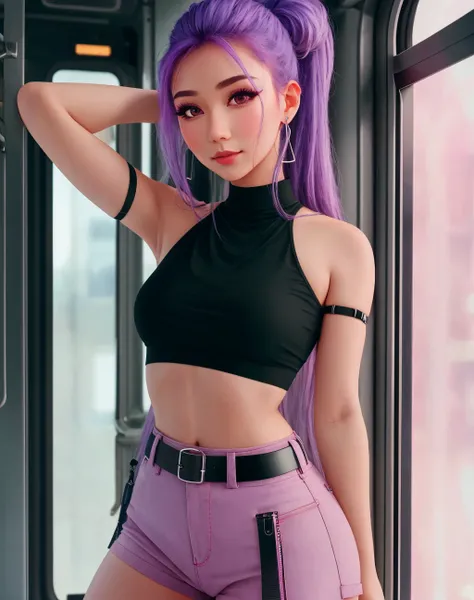 4K, Masterpiece, highres, absurdres,natural volumetric lighting and best shadows,soft detailed facial features,smiling, 1girl, solo, long hair, breasts, skirt, shirt, jewelry, medium breasts, standing, white shirt, pink hair, purple hair, short sleeves, mu...
