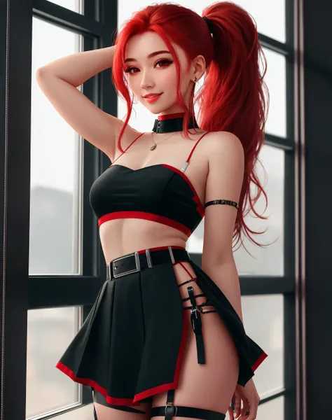 4K, Masterpiece, highres, absurdres, 1girl, smiling,solo, long hair, breasts, skirt, jewelry, standing, ponytail, red hair, earrings, parted lips, belt, black skirt, window, thigh strap, hoop earrings, realistic, tube top, wearing Urban_Gal,
<lora:edgAUG_...