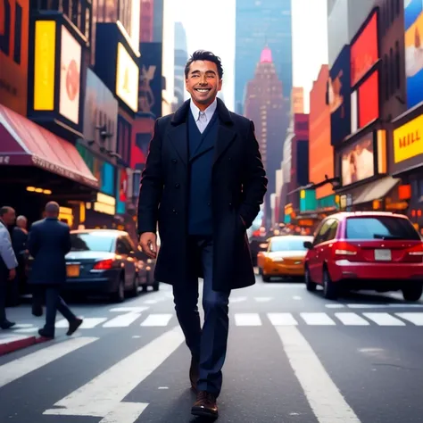 Masterpiece, a man smiling and walking across a busy city street in New York City