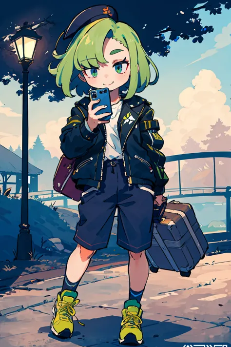 ((best quality)),((world masterpiece)),((illustration)),beautiful detailed,colourful,extremely detailed 8K wallpaper,finely detailed,dramatic light,intricate details, ((ultra-detailed)),
1girl, bag, blue_eyes, blue_headwear, bridge, cellphone, closed_mout...