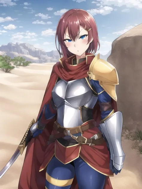 best quality, masterpiece, extremely detailed wallpaper,  <lora:yomomirin:1>,  <lora:akane-000006:1>, full armor, helmet removed, battle axe, red hair, blue eyes, akane nanao, platemail, small breasts, short hair, hairclip, gauntlets, outdoors, stronghold,...