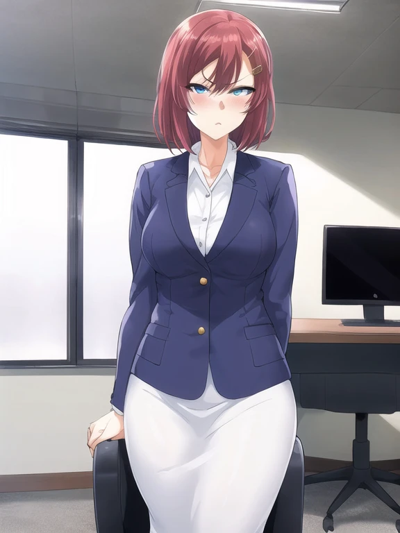 best quality, masterpiece, extremely detailed wallpaper,  <lora:yomomirin:1>,  <lora:akane-000006:1>, office lady, red hair, blue eyes, akane nanao, medium breasts, short hair, hairclip, indoors, looking at viewer, ( :|:1.2), office, computer, white shirt,...