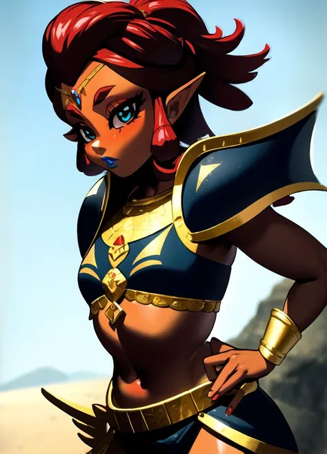 masterpiece,1girl,<lora:riju_zelda_v2-12:.75> riju_zelda, short hair, armor, face, eyeshadow, blue lips, <lora:sacommesassy-12:.8> sacommesassy, cowboy shot