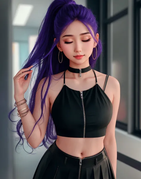 4K, Masterpiece, highres, absurdres,natural volumetric lighting and best shadows,soft detailed facial features,smiling, 1girl, solo, long hair, skirt, shirt, black hair, navel, bare shoulders, jewelry, closed mouth, standing, closed eyes, purple hair, brai...