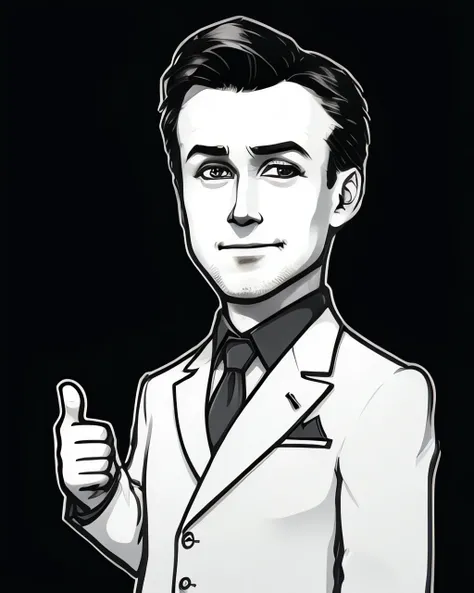 masterpeace, cartoon, die-cut sticker, a man, ohwx, suit, looking at viewer, showing thumb up, clean shaved, perfect eyes, centered, upper body, front shot, simple background, minimalism, monochrome, (solid outline:1.2) <lora:easy_sticker:0.8> <lora:Ryan_g...