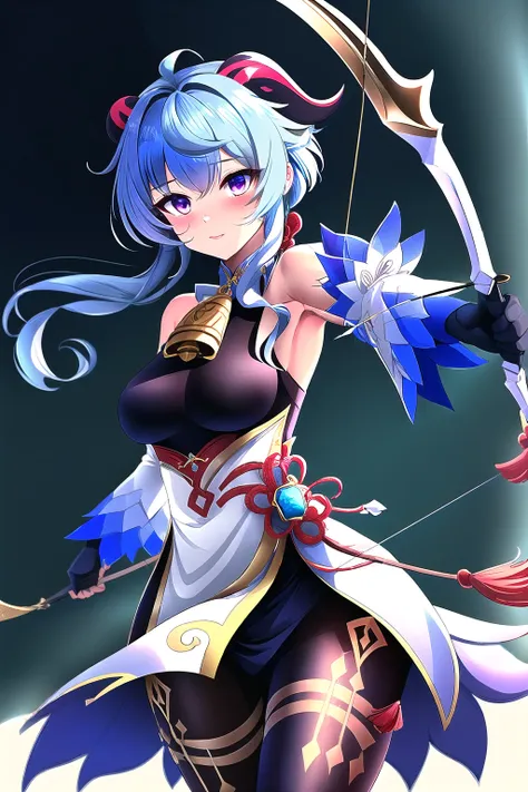 Highly detailed, High Quality, Masterpiece, beautiful,  Bow with Arrow, <lora:UnlimitedBladeWorksv0.4:0.8>, Ganyu(genshin impact), Ganyu:1.2, bangs, bare shoulders, bell, black gloves, black pantyhose, ((blue hair)), chinese knot, detached sleeves, flower ...