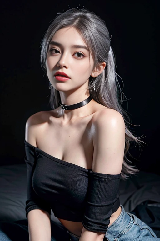 <lora:asian_beauty_v2:0.2>,  best quality, ultra high res, (photorealistic:1.4), 1girl, off-shoulder black shirt, skirt, black choker, (faded ash gray hair:1), slim, (medium breasts:1), looking at viewer, closeup,