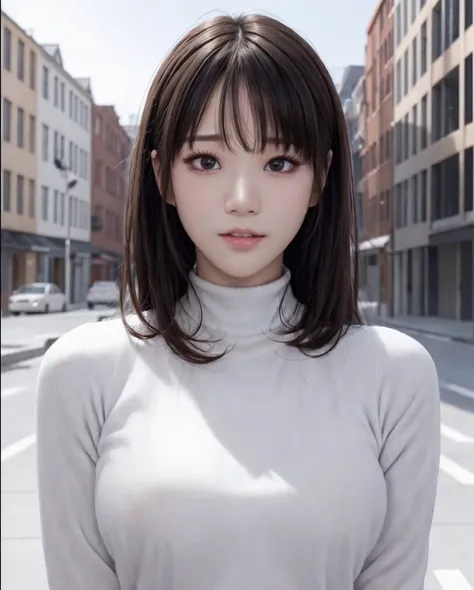 pureerosface_v1, best quality, photorealistic, 8k, high res, 1girl, woman, (skindentation), (portrait:0.6), ((cityscapebackground:1.6, smallsize round breast, highneck sweater:1.5)), straight-looking at viewer:1.8, (1girl eyes looking at viewer:1.45, mediu...