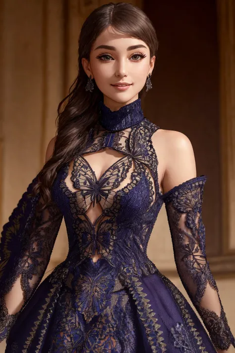 Masterpiece, absurdres, fine detail, HDR, highly detailed face and eyes, photorealistic, solo,1girl,smiling
butterfly_top,Haute_Couture, woman wearing a [Haute_Couture|butterfly_top]_([designer dress|(((turtleneck)))]:1.15), butterfly design embroidery, co...