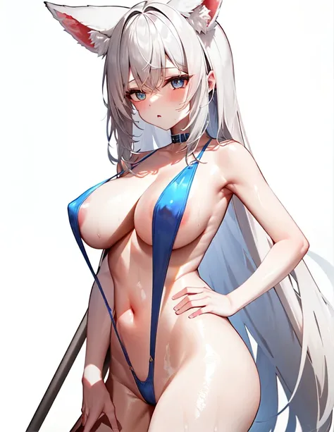 1girl, (blue one-piece swimsuit:1.2), slingshot swimsuit, large breasts, cowboy shot, white background, cleavage, standing, long hair, bare shoulders, bare arms, fox ears, white hair,