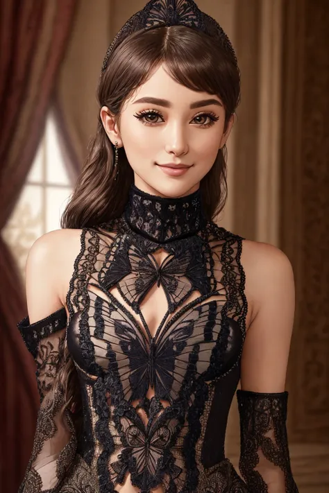 Masterpiece, absurdres, fine detail, HDR, highly detailed face and eyes, photorealistic, solo,1girl,smiling
butterfly_top,Haute_Couture, woman wearing a [Haute_Couture|butterfly_top]_([designer dress|(((turtleneck)))]:1.15), butterfly design embroidery, co...