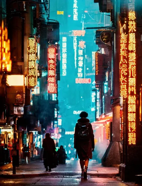 a cyberpunk woman, walking at street, complex background <lora:blade runner v.2.2:0.7>  <lora:jenny o sullivan:0.8>