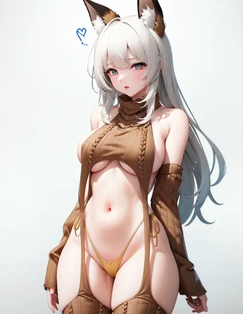 1girl, solo, (white background:1.2), simple background, vds, detached sleeves, brown sweater, brown thighhighs, brown panties, standing, white hair, long hair, fox ears,