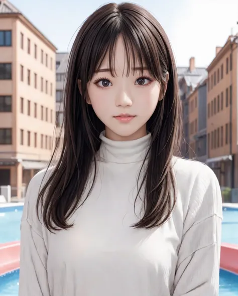 pureerosface_v1, best quality, photorealistic, 8k, high res, 1girl, woman, (skindentation), (portrait:0.6), ((cityscapebackground:1.6, smallsize round breast, highneck sweater:1.5)), straight-looking at viewer:1.8, (1girl eyes looking at viewer:1.45, mediu...