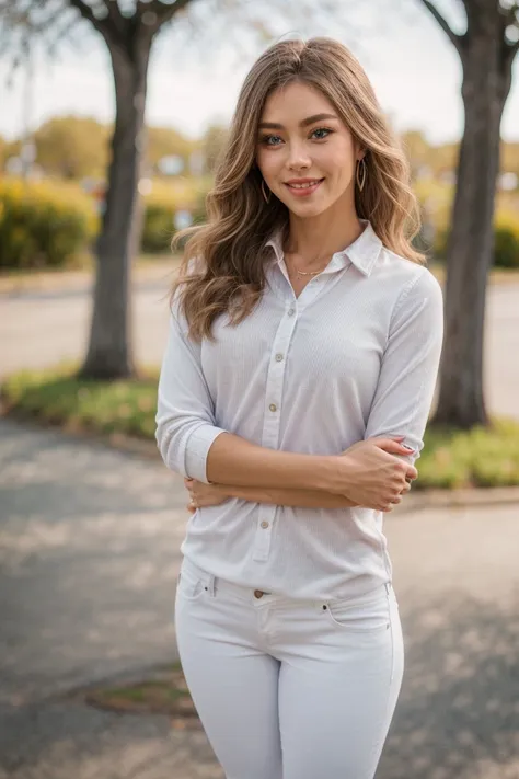 1girl, looking at viewer, blue eyes,  smile, standing, depth of field, selfie, white jeans, outstretched arms, shirt tucked in,