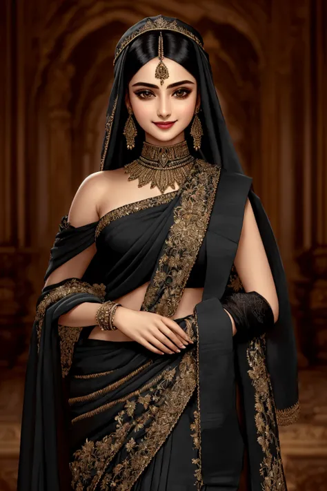 Masterpiece, absurdres, fine detail, HDR, highly detailed face and eyes, photorealistic, solo,1girl,smiling
black fabric,wifs,(Haute_Couture:1.15), woman wearing a [Haute_Couture|wifs]_(drape with embroidery:1.2), cowboy shot
 <lora:LycorisIndien:0.85>